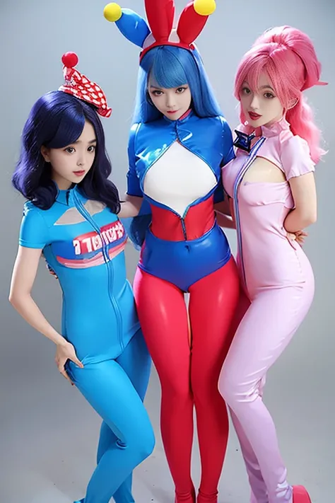 Three clown girls　clowning　Rubber Suit　hair color: blue(1.1)　Japanese　Red and blue clown suit　Two-pronged clown hat　Clown makeup