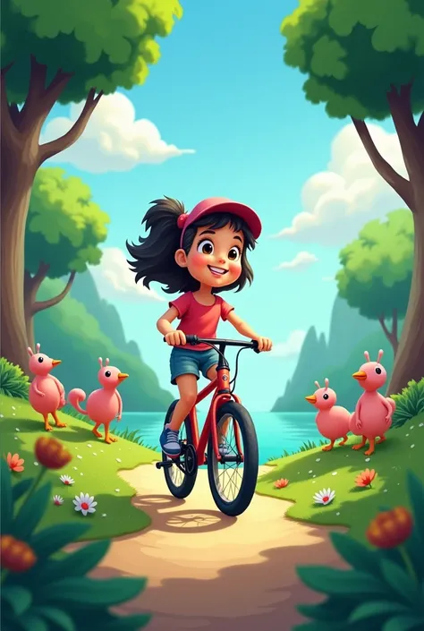 Girl riding a bicycle，Cartoon characters on forest island，cute，Two-headed body。