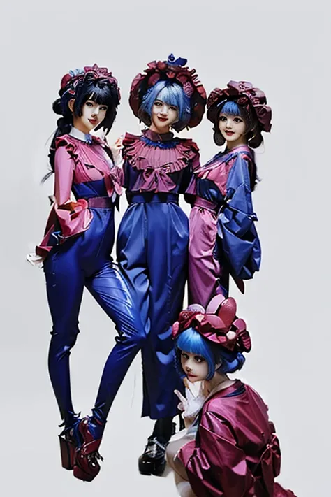 Three clown girls　clowning　Rubber Suit　hair color: blue(1.1)　Japanese　Red and blue clown suit　Two-pronged clown hat　Clown makeup