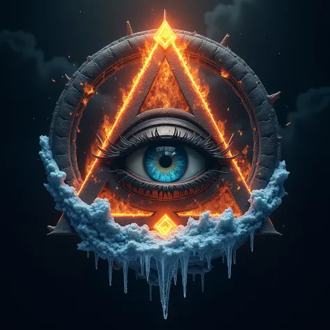 logo design, all seeing eye inside a triangle, a text written ALTAR DUKUND, fire and ice background, complex background, fantasy art, cinematic lighting, masterpiece, extreme detail, 4k 