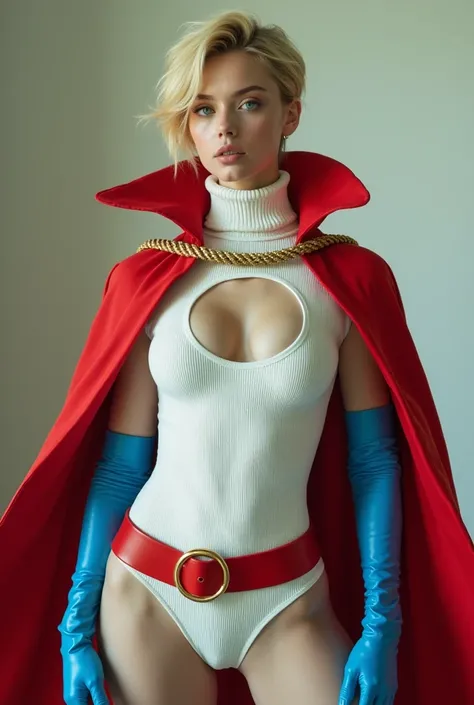 A SEXY BUSTY TEEN FEMALE WITH SHORT BLONDE HAIR, BLUE EYES WEARING A WHITE TURTLE NECK CORDROY LEOTARD WITH A ROUND CUT OUT HOLE ON THE CHEST, LONG BLUE GLOVES, TALL BLUE BOOTS, A RED WAIST BELT WITH A YELLOW CIRLCE BUCKLE, AND A LONG RED CAPE ATTACHED AT ...