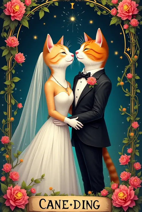 A tarot card of two cats wedding couple, colorful , loving