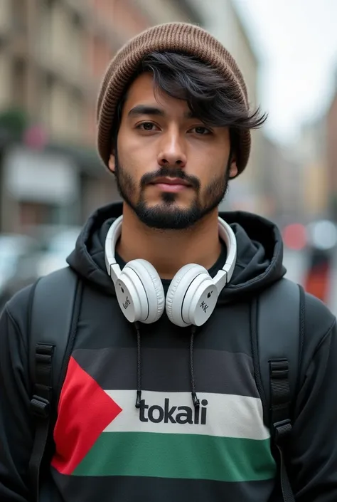 30 year old Asian short man, wavy hair, slight beard, wearing a brown beanie, white gamer headphones around his neck, wearing a Palestina flag Hoodie with "TOKAILI" big letter on it, view from 3/4, bring camera, carrying a backpacker bag, sneaker shoes