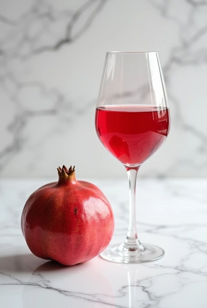 A high-definition image of a pomegranate placed next to a sleek wine glass of red juice, all set on a polished white marble tabletop. The scene is elegantly simple, with the marble’s cool, smooth surface contrasting with the warm, natural tones of the frui...