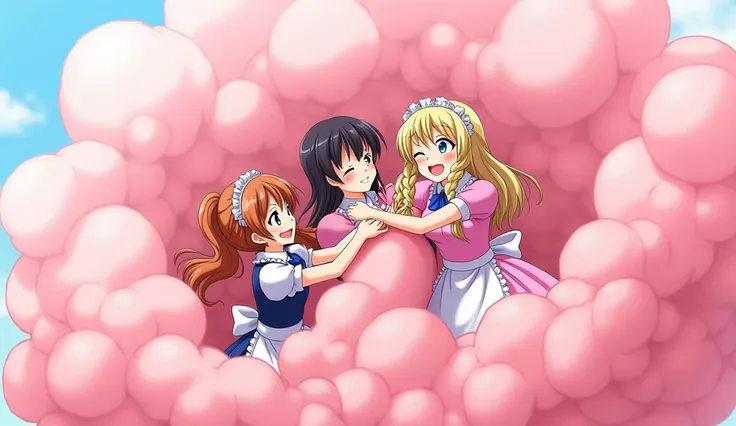 An anime-style illustration depicting maids and princess playfully wrestling with each other inside a pink comical fight cloud (dust cloud).
each maid has different  colored hair.one princss with blonde braided and blue-eyes and pink-dress.
their faces,han...