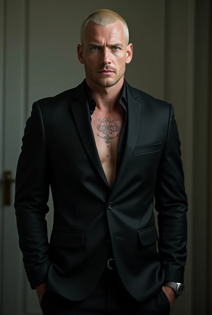 30-3 guy in an expensive black suit, blonde hair and a buzz-cut, extremely tall around 6 foot or taller than that, pale skin, blue siren eyes, expensive watch on his wrist, shirts collar buttons are unbuttoned, hickey, kiss, bite marks on his neck.