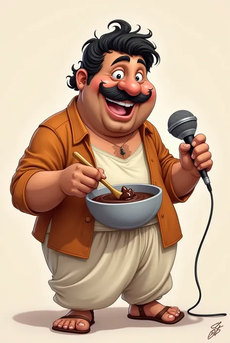 male character, mic, that fits into a logo, plumpness, light tan, Indian hair, with a mole under the nose on the left side of the mouth, with sailor&#39;s cachangá, com chocolate na boca, stirring bowl of brownie batter, with caricature features, full body...