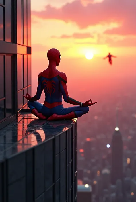 Sspider man doing yoga at edge of skyscrapper,background sunrise, iron man flying