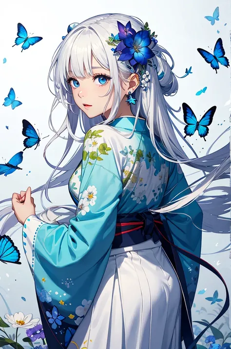  Anime girl with white hair and blue butterflies on her dress and gloves, 1girl, solo, bug, butterfly, blue eyes, flower, hair flower, long hair, hair ornament, looking at viewer, japanese clothes, jewelry, blue butterfly, white hair, earrings, kimono, blu...