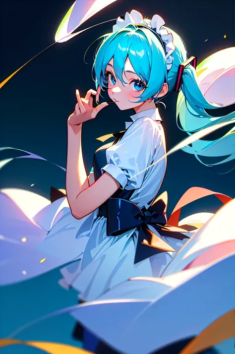 (masterpiece), (Best Quality: 1.0), (ultra high resolution: 1.0),1 Hatsune Miku, (Best Quality, 4k, 8k, masterpiece: 1.2), ((Look at the viewer, )), light blue hair with pigtails, Black background, maid costume