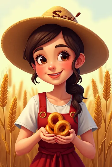 A peasant woman, with a hat on his head with the name Sexi on his hands and wheat around him. Animated but let the name go in the hands of the Lord Sexi smiling Sexy delights with bread in her hands all that turn it into a logo to promote churros


