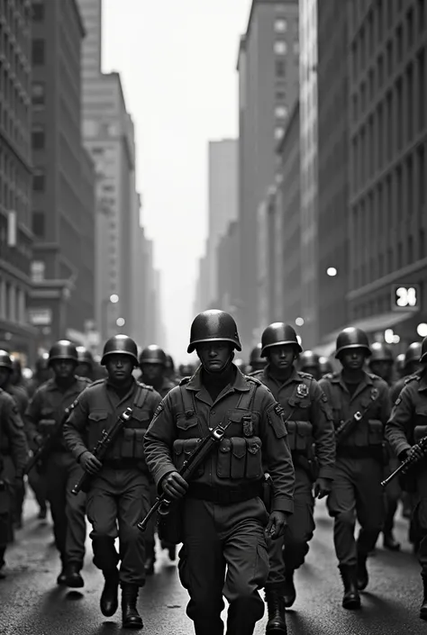 New York City in Chaos; soldiers marching in the streets