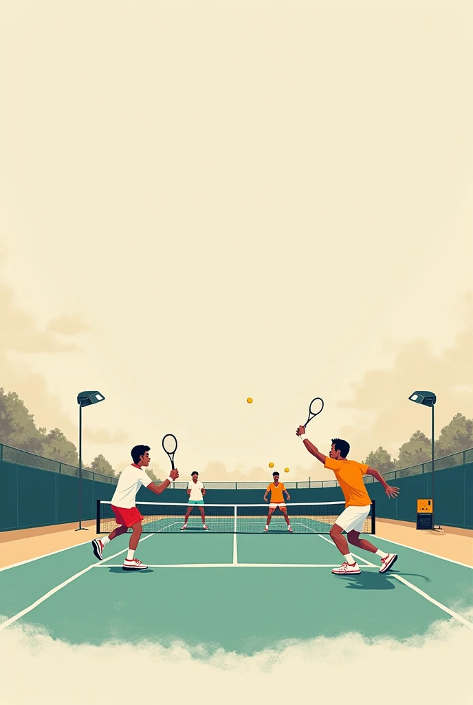 Minimalist and animated but realistic square-sized collage image of Novak Djokovic with Jannik Sinner and Rafael Nadal, playing a game. In the background a tennis court, with soft colors and with the English phrase of Novak Djokovic: “The winner is the one...