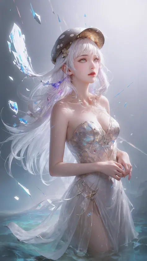 (masterpiece), (best quality), illustration, Extremely detailed, HDR, Depth of Field, (rich and colorful), ,1 Girl,Bare shoulders,Cold theme,shattered glass,Break the wall,Water Theme,White hair,Flash,White Dress,Shut up,constellation,Flat Color,Weaving,Fl...