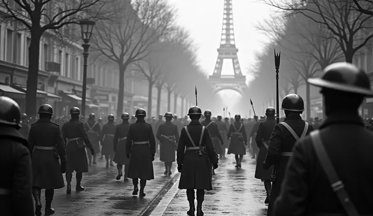 1912 City of Paris in chaos; soldiers marching in the streets