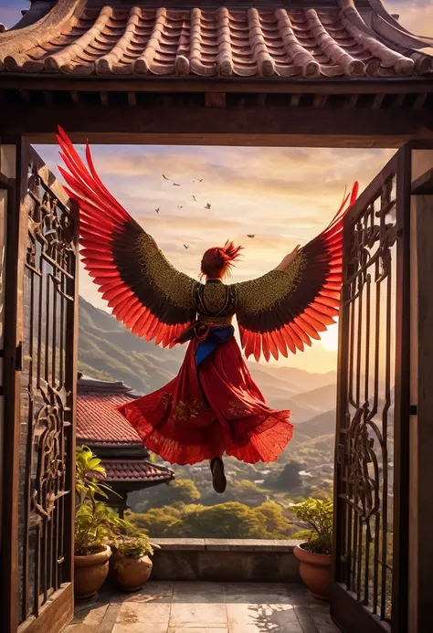 a Japanese legendary creature Suzaku, red sparrow, flying to tiled roof large gate, flapping wings, beautiful sight, detailed illustration, photorealistic, 8k, high quality, vibrant colors, dramatic lighting, intricate details, stunning scenery, ethereal a...