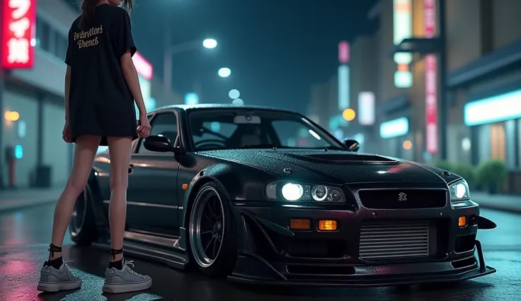 Anime girl wears a black oversized t-shirt and sneakers at night with her lower body exposed and a modified Japanese car