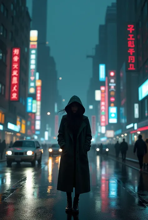 1girl,night city,rain,coat,hands in pockets