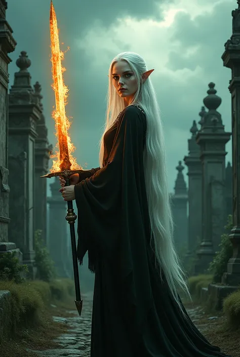 an elf, women, Elf ears, pale skin, dressed in black, flaming sword in hand, in cemetery, white straight hair, epic landscape, green eyes, gothic image, high quality image, detailed image