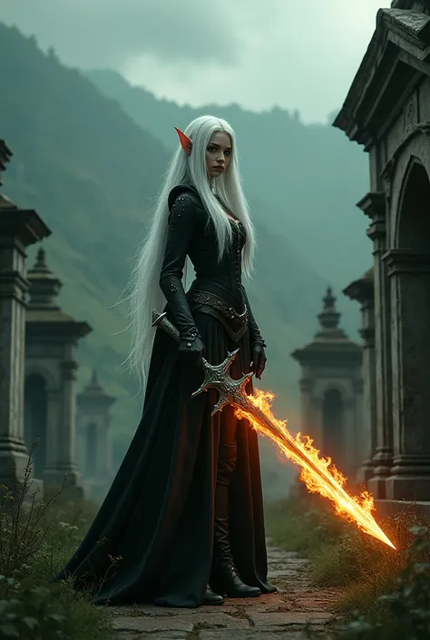 an elf, women, Elf ears, pale skin, dressed in black, flaming sword in hand, in cemetery, white straight hair, epic landscape, green eyes, gothic image, high quality image, detailed image