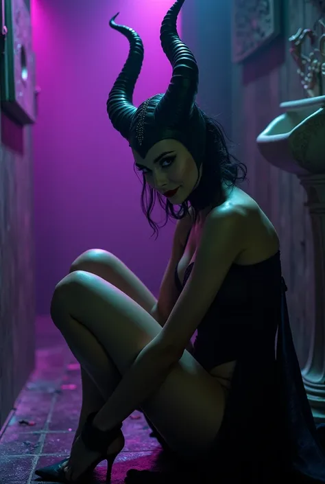 A stunning portrait of Maleficent crouching, showing her vagina,  in her dungeon, ornate toilet, emphasis on her horns, purple highlights, purple reflected light, in the nude, young and beautiful, hyper realistic, real portrait, backlit, exquisite features...