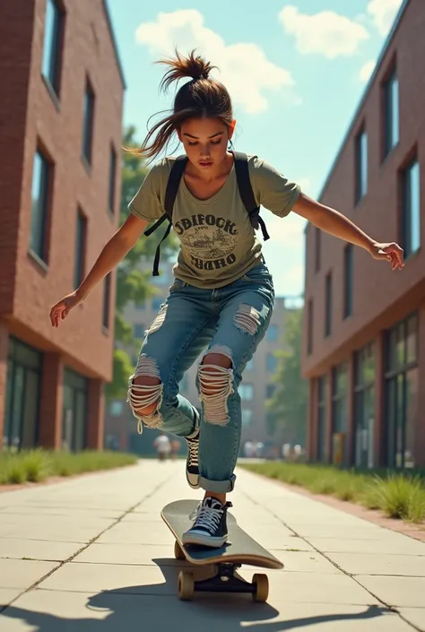 Young woman  practicing skateboarding with urban clothing in an art school