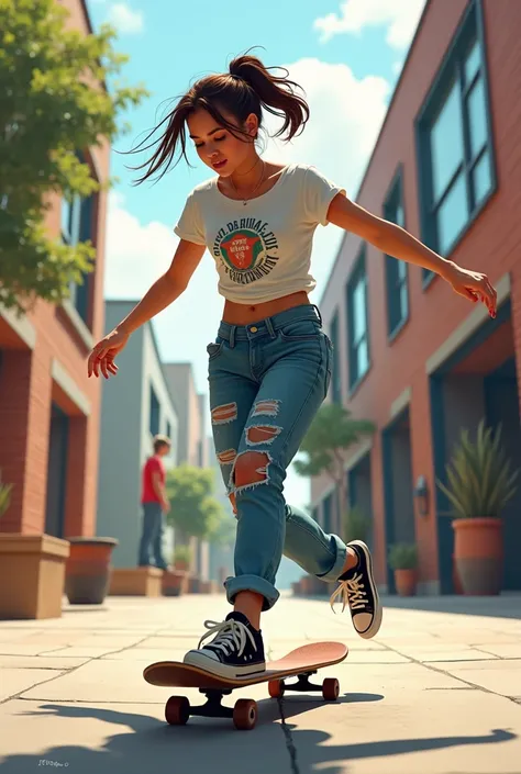 Young woman  practicing skateboarding with urban clothing in an art school