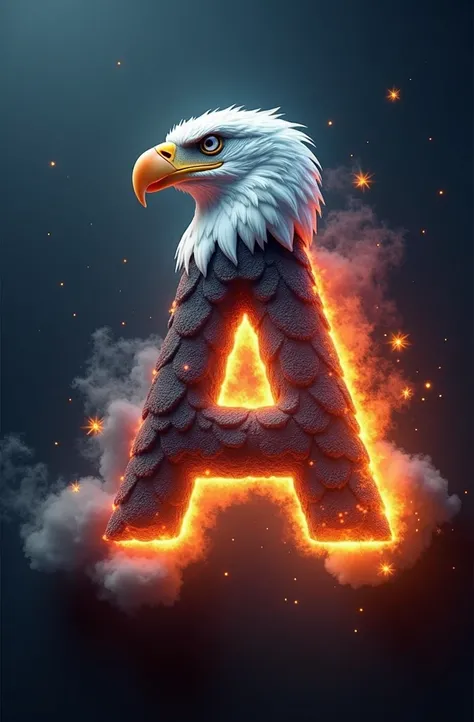 “Create an image featuring a bold, stylized 3d letter ‘A’ integrated with a powerful eagle’s head emerging from the top left corner. Surround the letter with elements such as smoke, fire, and glowing stars to add a sense of mystique and energy.”