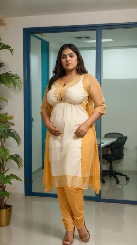 Day scene, A radiant, full-figured South Indian 3 aunty a cream colour chiffon fully transparent kurta, bra visible through kurta, ,standing, in a office captured in a full-body image with vibrant hues and meticulous details. Full body image