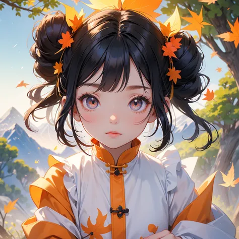 A chibi child girl had a small face and Wearing white little Taoist priests outfit, A pair of big round eyes shone with curiosity about him, This child was so cute, her hair is black with two buns on her hair, The backdrop of the mountains that turn orange...