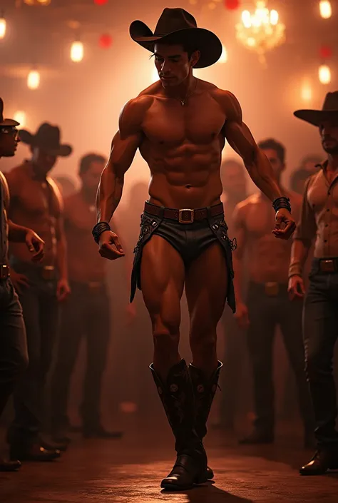 A young skinny white sexy handsome seductive stiper man with little clothes dancing at a cowboy party cute man while all the men look at him