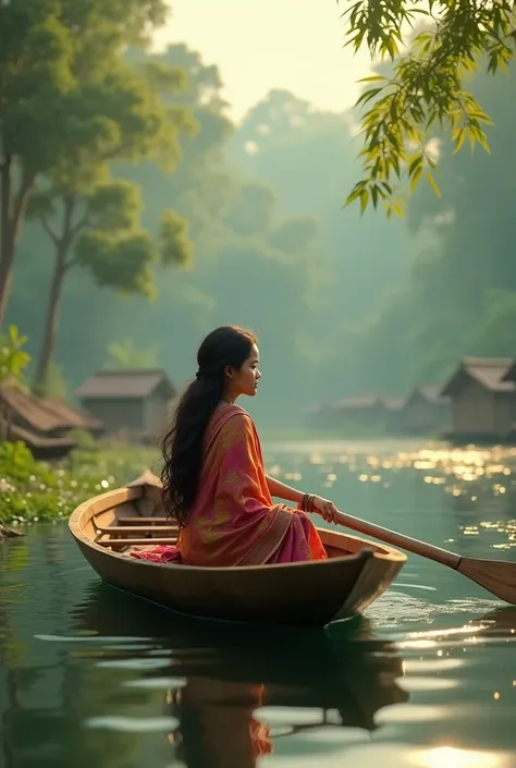 "A beautiful Bangladeshi girl sitting in a traditional wooden boat on a calm river. She has long, flowing dark hair and is wearing a colorful traditional Bangladeshi sari. The background features lush green vegetation and distant bamboo huts along the rive...