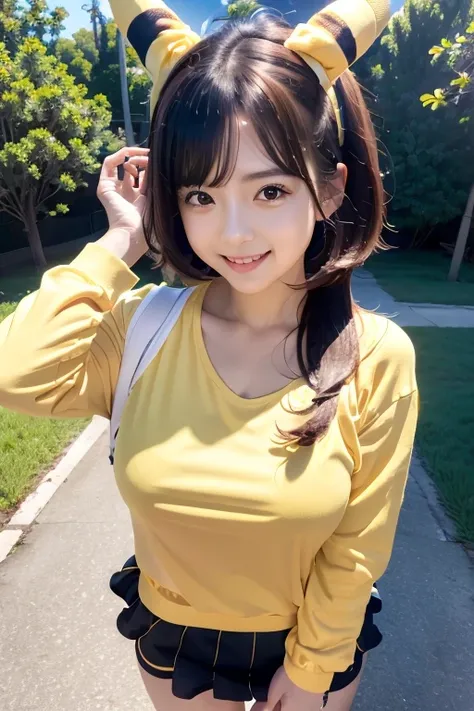 (8k, masterpiece, Highest quality),girl１name、Yellow Shirt,Black mini skirt、Park Background、Headshot 1 person, High resolution, Anatomically correct, Highest quality, Character portrait, Full Body Shot,Walking,pikachu ear headband,smile, 