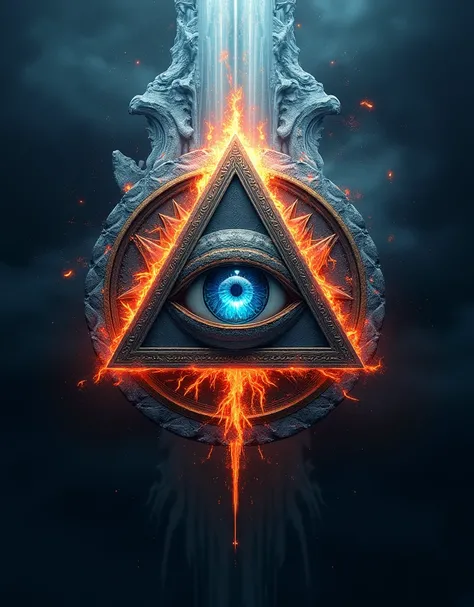 logo design, all seeing eye inside a triangle, text written "ALTAR BY DUKUND", fire and ice background, complex background, fantasy art, cinematic lighting, masterpiece, extreme detail, 4k 