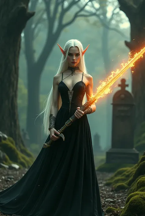 an elf, women, Elf ears, pale skin, dressed in black, flaming sword in hand, in cemetery, white straight hair, epic landscape, green eyes with light, defined eyes, gothic image, high quality image, detailed image, Sculptural body, huge breasts