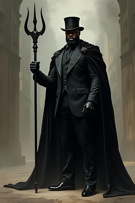 ( (work of art:1.2), absurderes, A photorealistic photo  Exú Tranca Ruas, que é uma homem blacksad alto, with a toned body, blacksad, in black formal attire, with a black top hat, a black velvet cape and in his left hand a black trident the size of him
