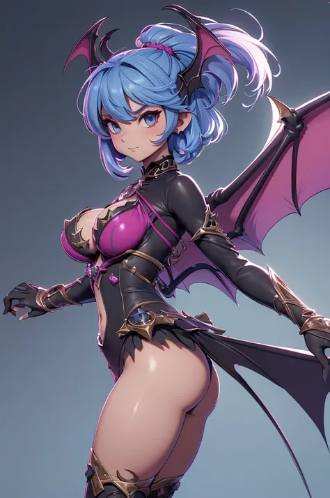 Mini Morrigan Aensland, (Morrigan Aensland), standing alone, ray tracing, 3D style, 3DMM, ((oses per photo)), ((oses au cada foto)), fully body,(from front view),(Costas Issue), (Emist on the left), show flat belly, (((oses per photo))),(very big breastspe...