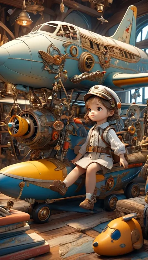 (masterpiece, best quality: 1.2),child，toy plane,pilot，fantasy,Disney style（（A masterpiece full of fantasy elements）））， （（best quality））， （（Intricate details））（8k）