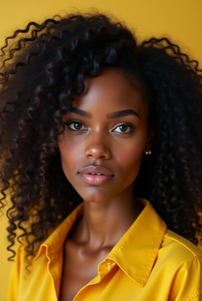 Long haired mulatto woman with curly hairstyles and black eyes ,with yellow shirt 