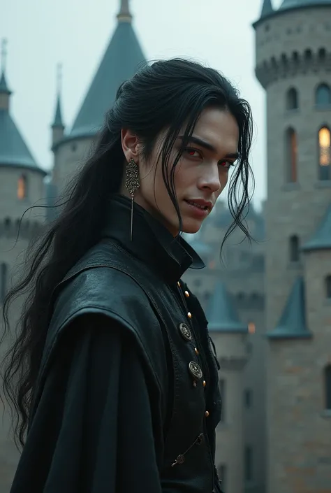 a tall young man with long black hair,first olive,earrings in the right ear,he is smiling sideways showing pointy teeth,red eyes and he is near a castle