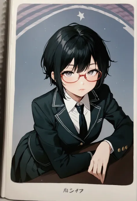 1girl, solo, black hair, shirt, looking at viewer, collared shirt, full body, short hair, black jacket, white shirt, black eyes, jacket, necktie, androgynous, glasses, skirt, school uniform, amazing quality, very aesthetic, masterpiece