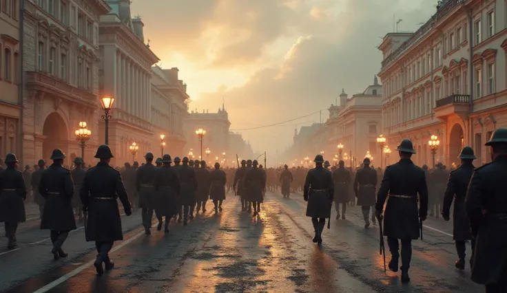 1802 Moscow city in chaos; soldiers marching in the streets