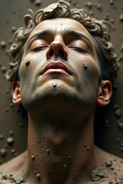 Face of a man made of mud and clay ñ with his face tilted upwards with his eyes closed 