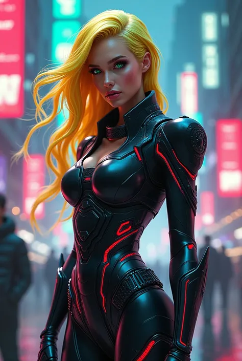 A full body image from head to toe that presents a striking depiction of a young woman with neon blonde hair, standing confidently in a futuristic cityscape. Her vibrant green eyes pierce through the glowing haze of the neon lights around her, highlighting...