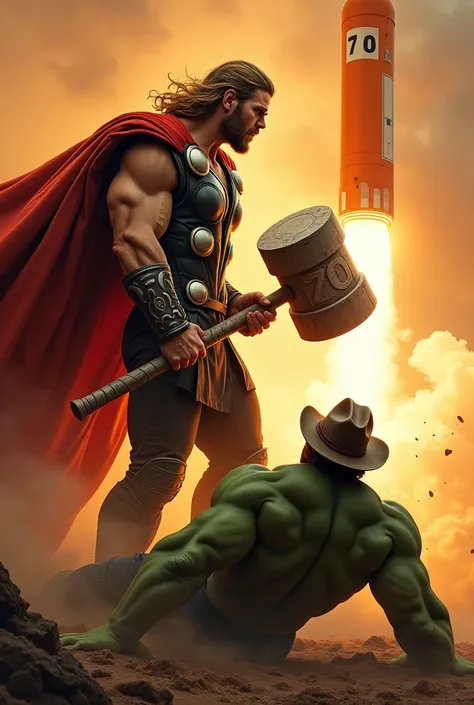 Have Thor with orange cape swing an orange demolition hammer with the number 70 at Hulk and have Hulk be lying on the ground with a cowboy hat and behind them an orange rocket with the number 70. And a sentence written underneath, speaking ( Feel the hamme...