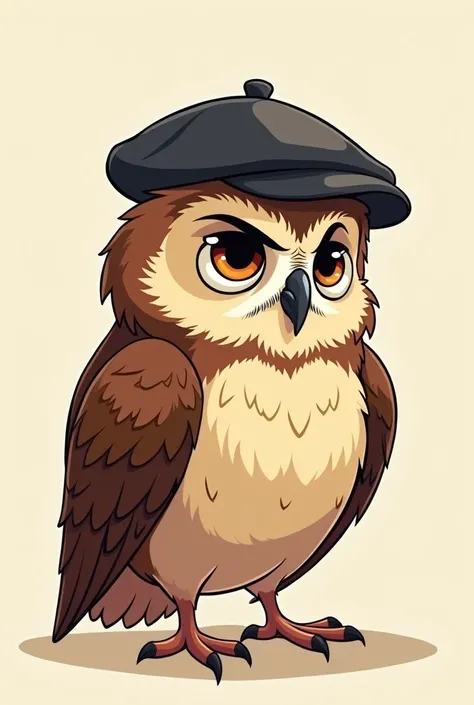 Serious Cartoon Owl Wearing a Beret on His Head 