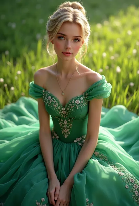  blonde girl blue eyes in green princess dress her hair is in a bun she is looking at the viewer she is sitting on the green lawn the dress spread out around her young woman 