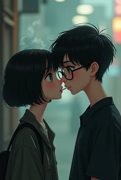 black haired girl with short hair and a cute boy with glasses and the 2 of them smoking
