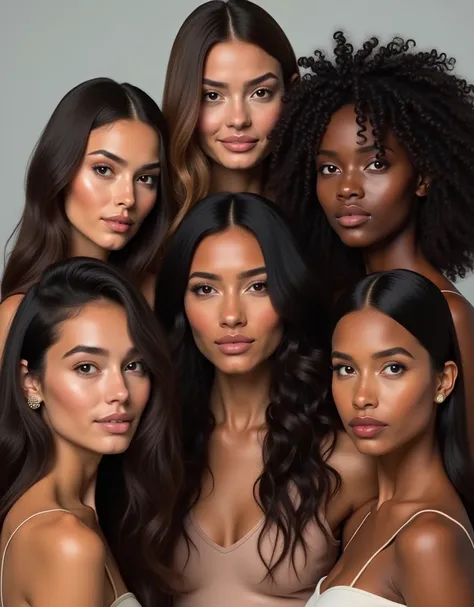 realistic image with several women of different ethnicities(different countries) with hair of different types and curvatures but all perfect and hydrated, one with straight hair, one with wavy hair, another with slightly curly hair, another with curlier ha...