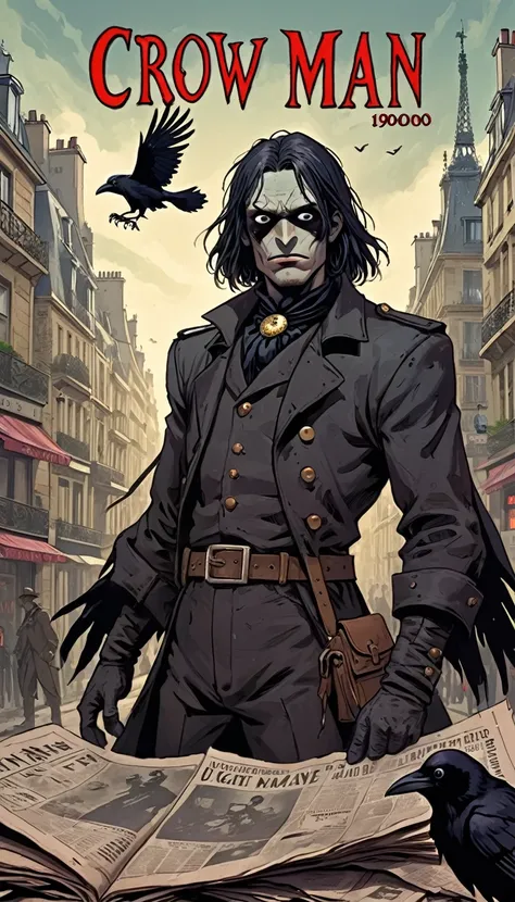 Paris 1900, Dark Fantasy, "CROW MAN", Newspaper title, uncanny ugly hero, dark cover, adventures, a trip to tomorrow era, graphic novel, vibrant, vivid life, hero pose, dutch angle, detailed black eyes